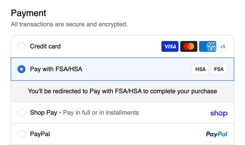 Checkout payment options with Pay with FSA/HSA selected