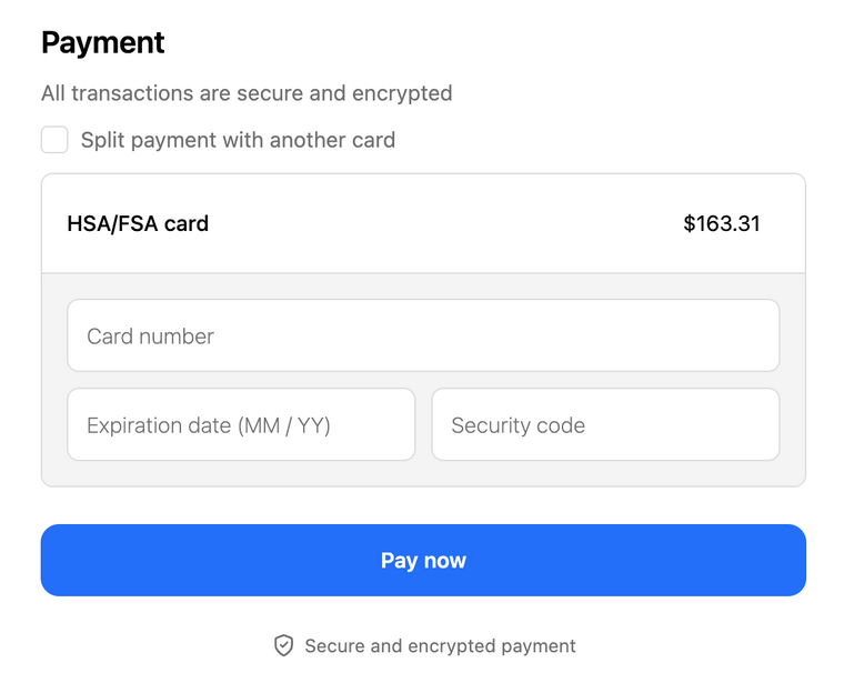 Payment method screen paying in full with HSA/FSA